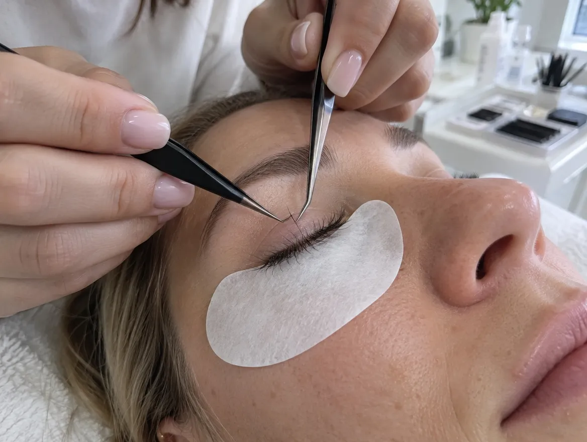 Wimpernverlängerung mit der Pinzette